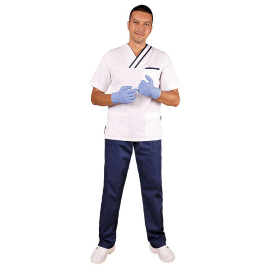 Tunică medicală pentru bărbați OLIVER ALB/ALBASTRU MARIN - 2 — bultex99.com Tunică medicală pentru bărbați OLIVER ALB/ALBASTRU MARIN - 2